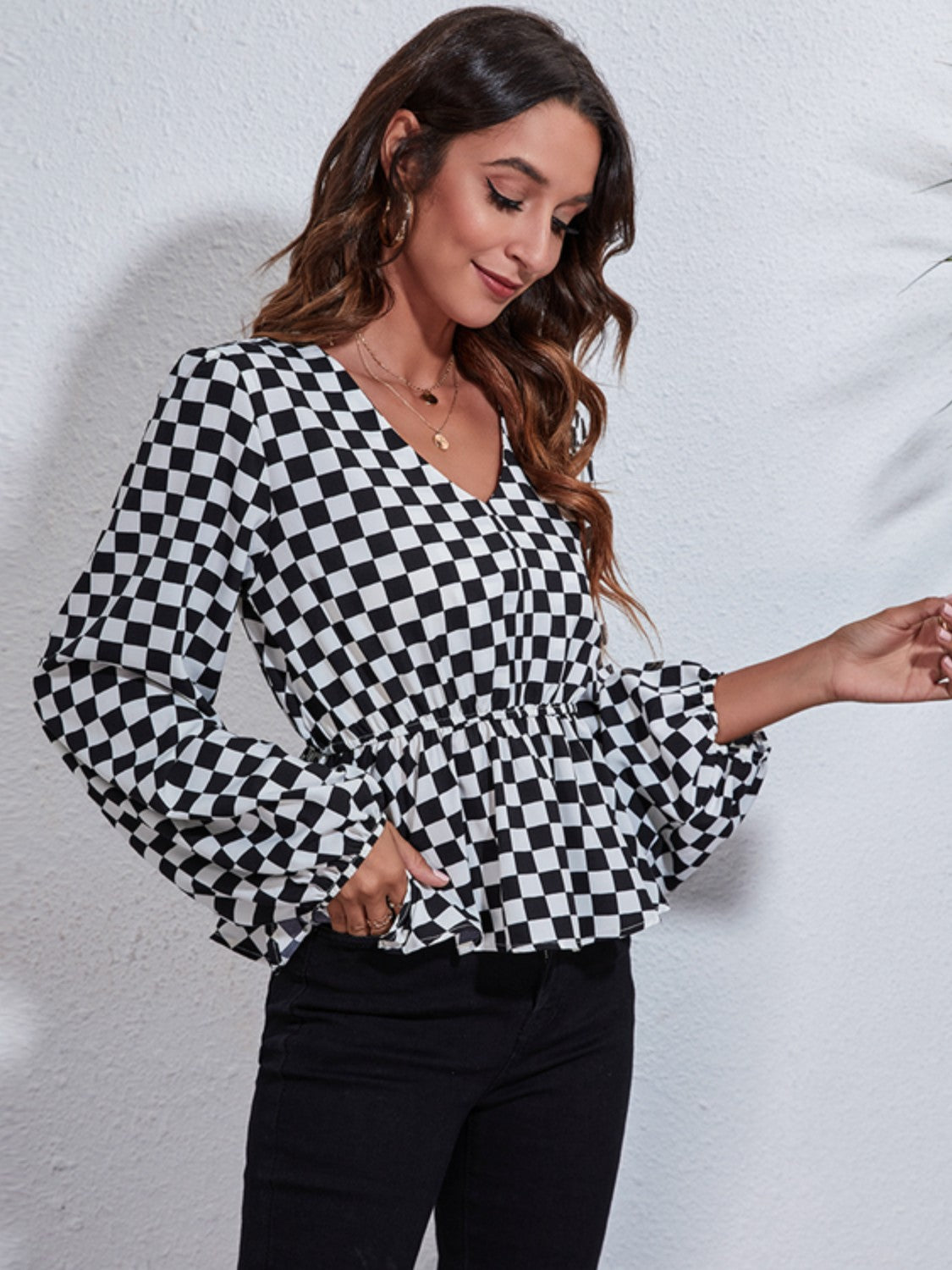 Checkered V-Neck Balloon Sleeve Peplum Blouse Blouse Trendsi   