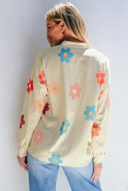 Striped Flower Button Up Long Sleeve Shirt Blouse Trendsi   