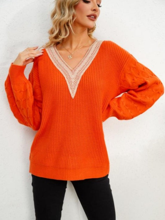 V-Neck Dropped Shoulder Long Sleeve Sweater  Trendsi Orange S 