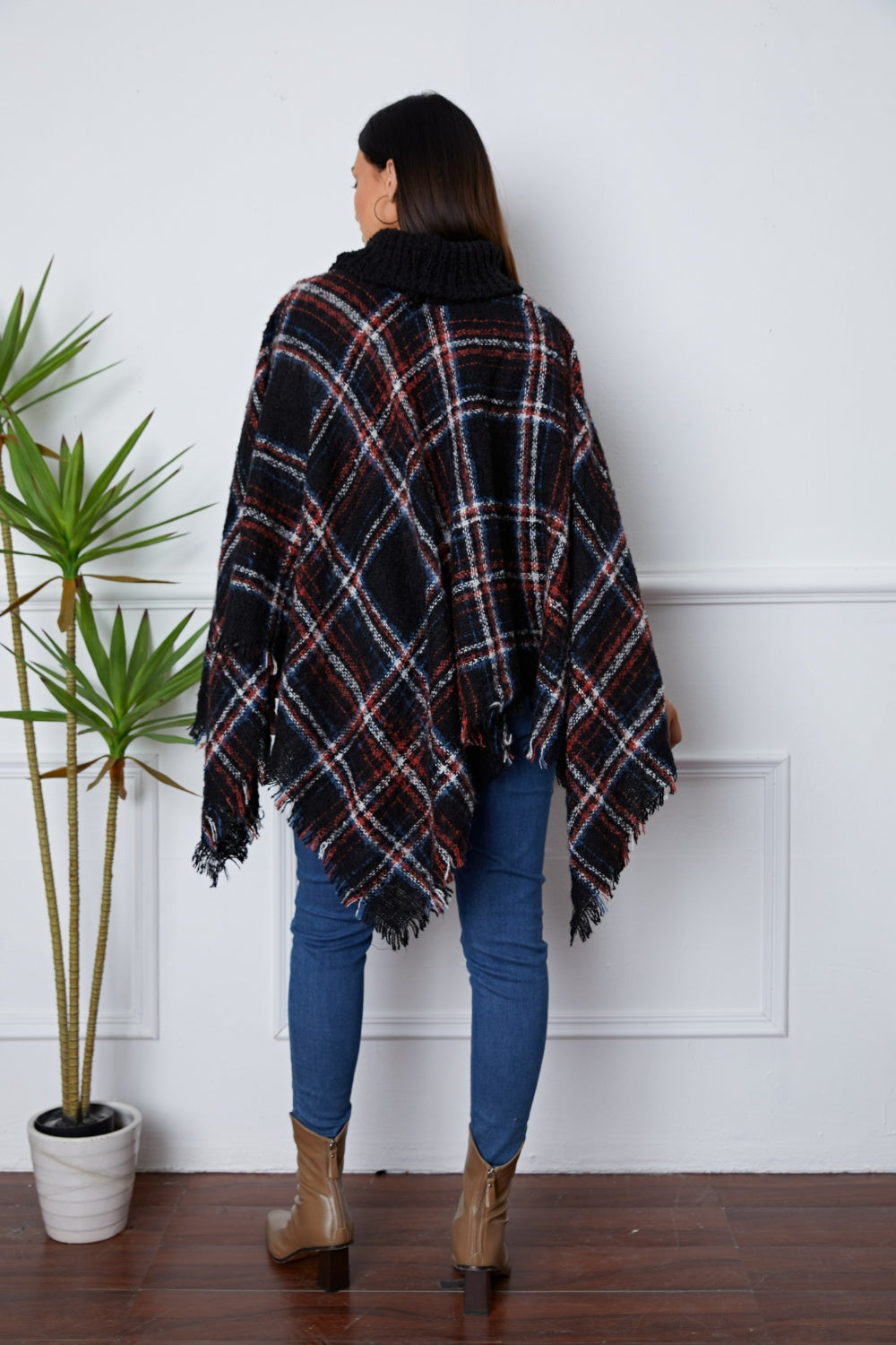 Shiny Turtleneck Plaid Raw Hem Sweater  Trendsi   