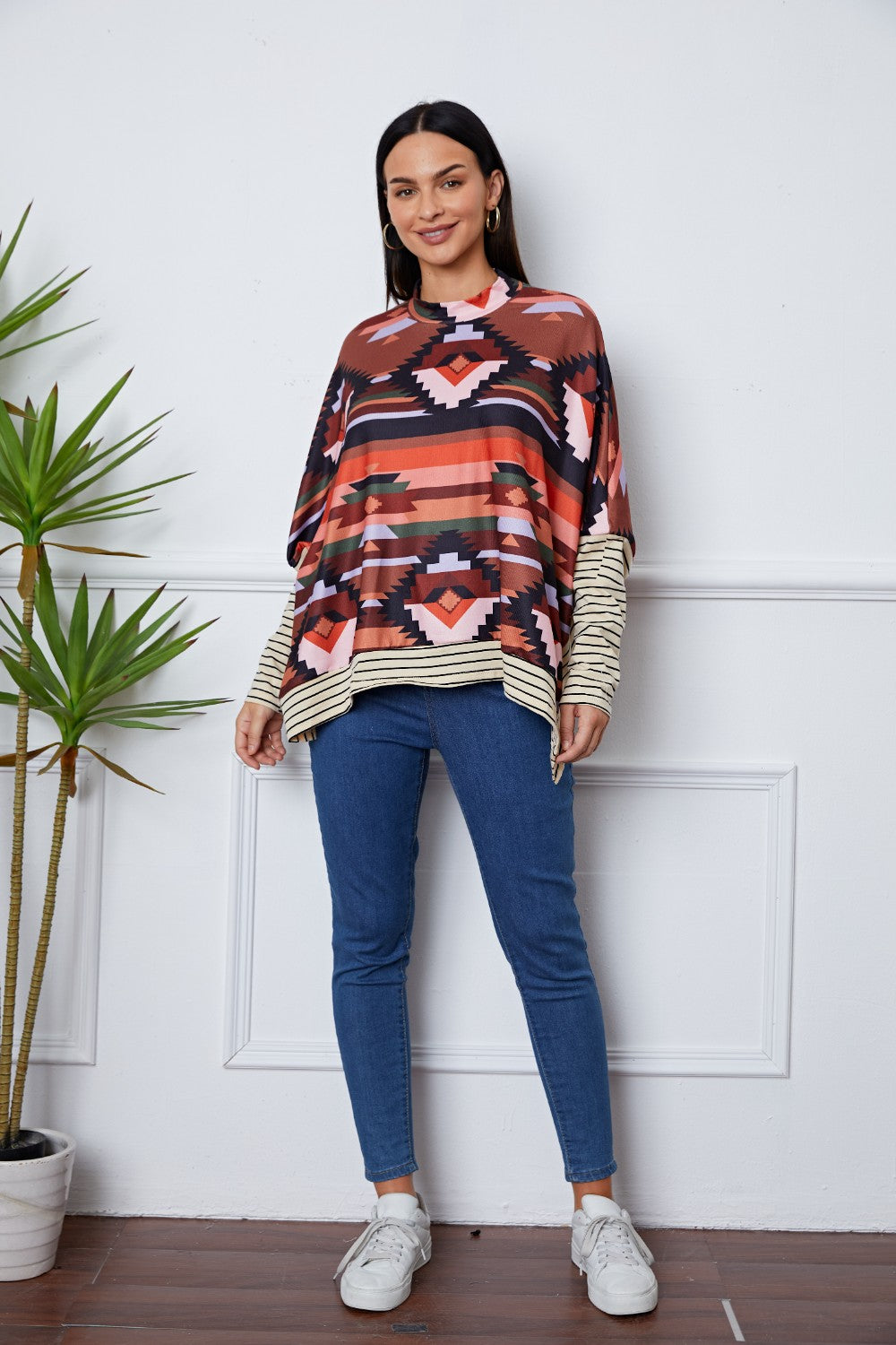 Geometric Striped Splicing Round Neck Blouse Blouse Trendsi   