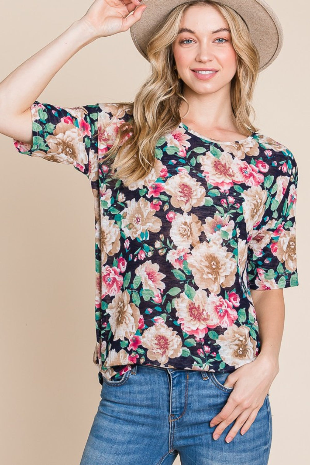 BOMBOM Floral Round Neck T-Shirt  Trendsi Navy S 