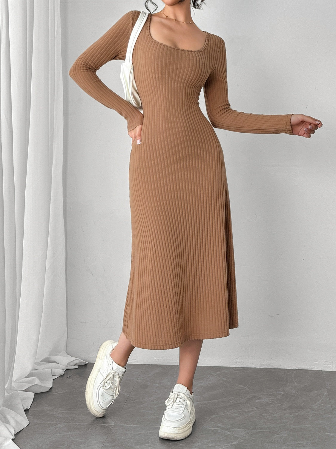 Square Neck Long Sleeve Midi Wrap Dress  Trendsi   