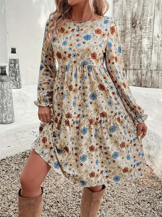 Ruffled Printed Round Neck Long Sleeve Dress  Trendsi Khaki S 