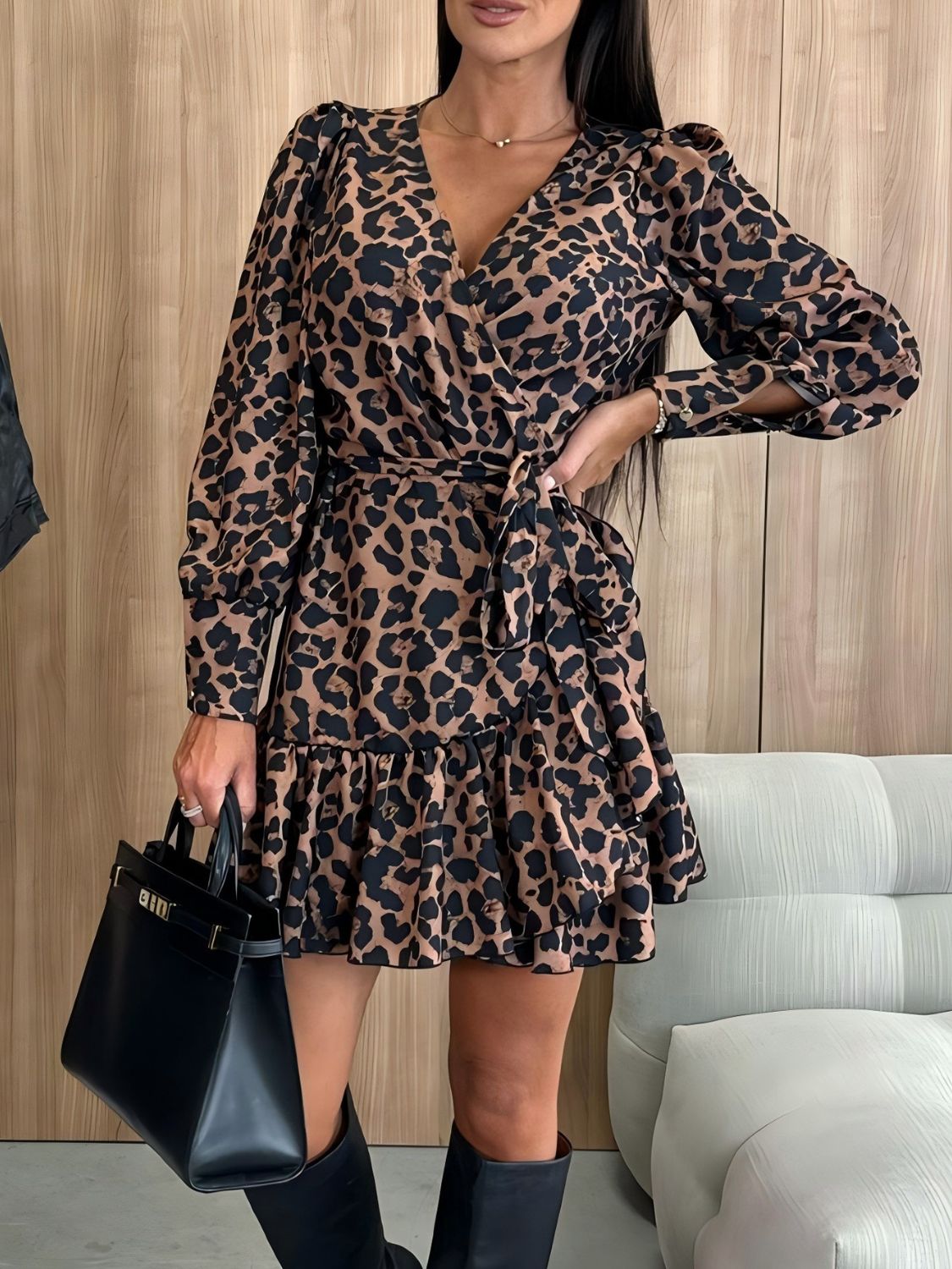 Tied Leopard Surplice Long Sleeve Dress  Trendsi   