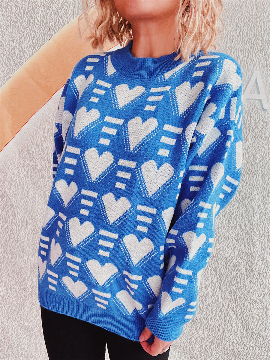 Heart Contrast Long Sleeve Dropped Shoulder Sweater  Trendsi   