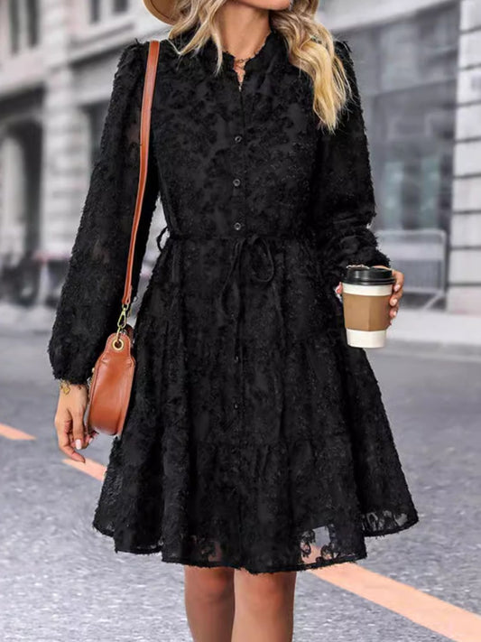 Lace Button Down Long Sleeve Mini Dress  Trendsi Black S 