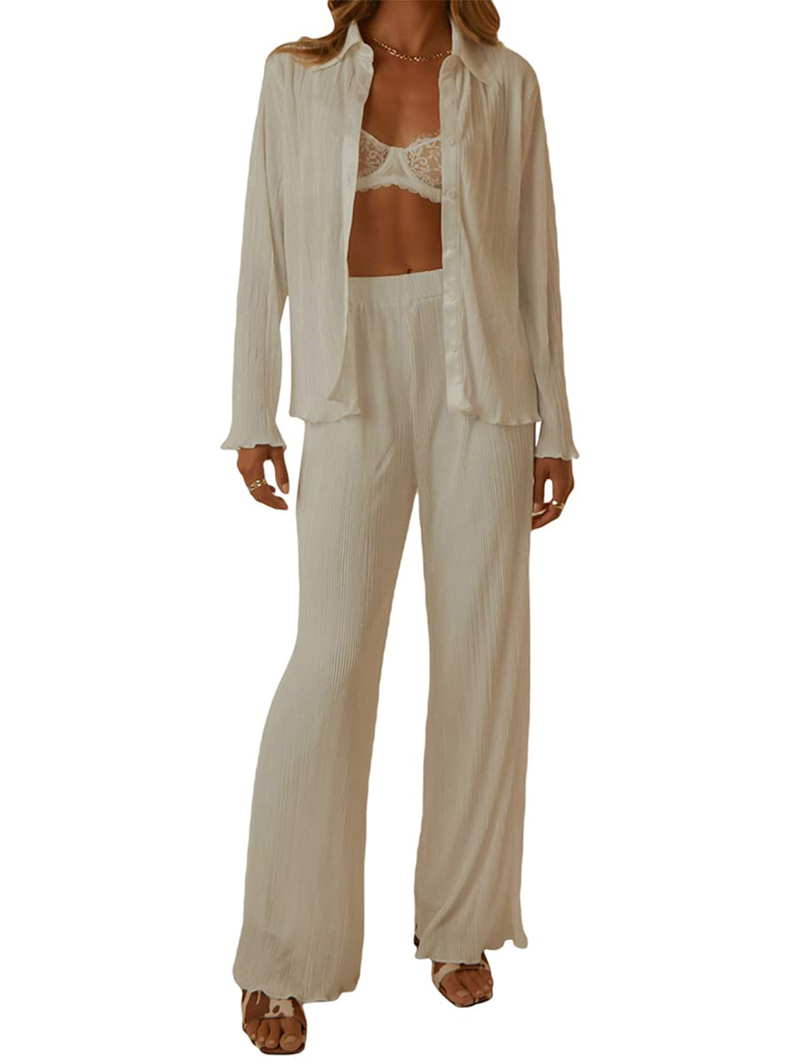 Collared Neck Long Sleeve Top and Pants Lounge Set  Trendsi   