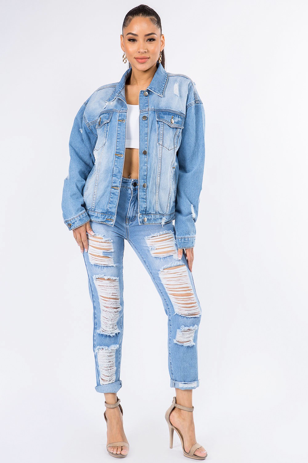 American Bazi Graphic Distressed Long Sleeve Denim Jacket  Trendsi   