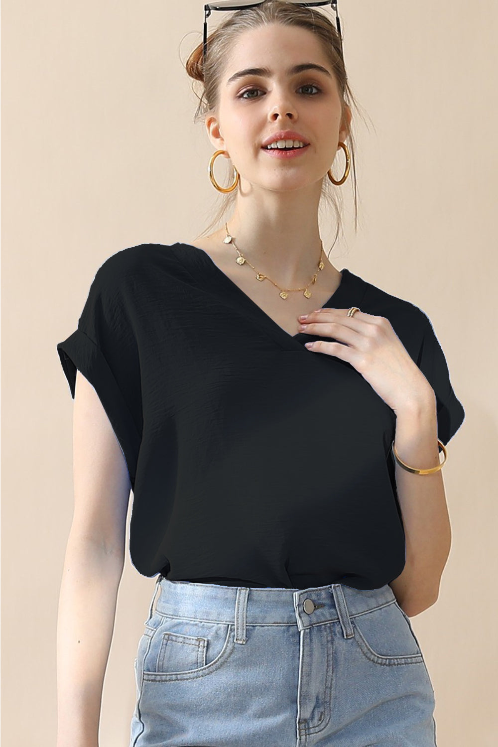 Ninexis V-Neck Trim Rolled Short Sleeve Shirt Blouse Trendsi BLACK S 