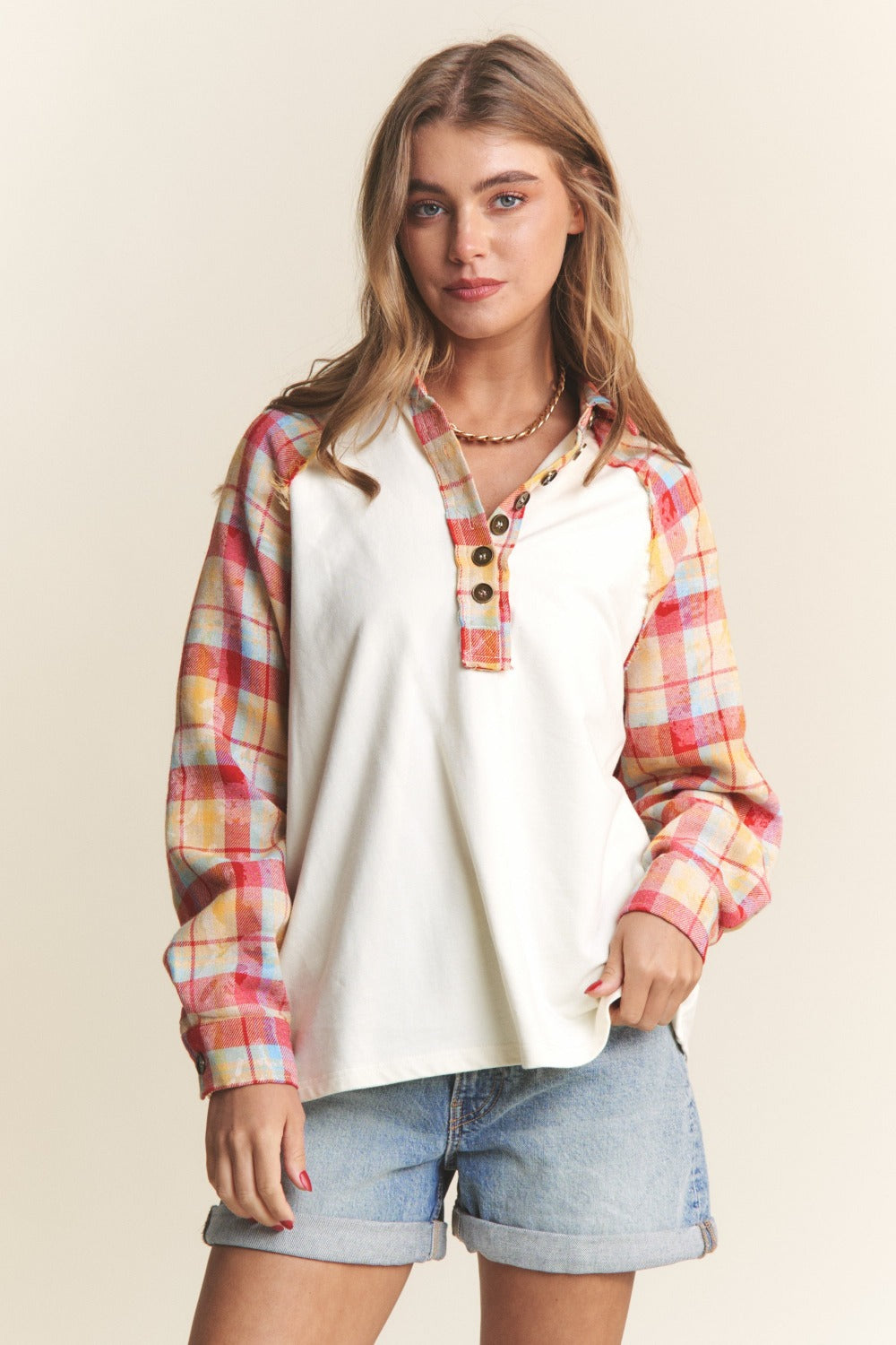 J.NNA Plaid Contrast Button Down Henley Top  Trendsi Ivory Multi S 