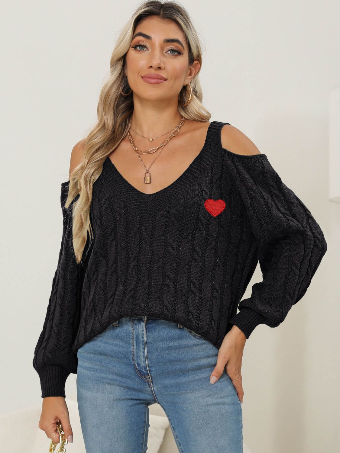 Cable-Knit Heart V-Neck Sweater  Trendsi   