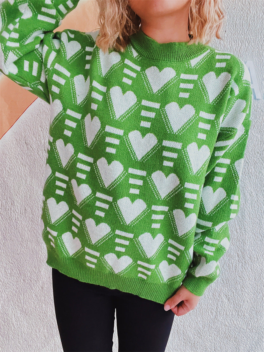 Heart Contrast Long Sleeve Dropped Shoulder Sweater  Trendsi   