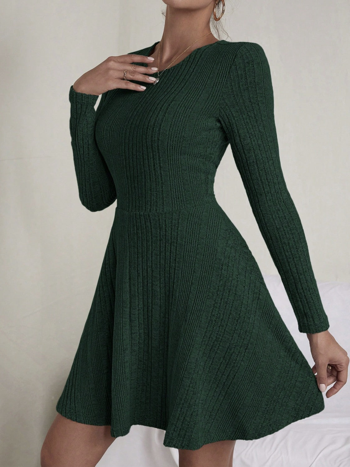 Textured Round Neck Long Sleeve Dress  Trendsi   