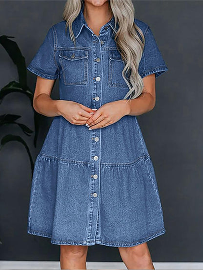 Pocketed Button Up Collared Neck Short Sleeve Denim Dress Dress Trendsi   