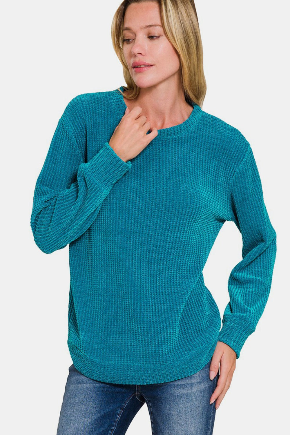 Zenana Chenille Waffle Round Neck Sweater  Trendsi Ocean Teal S 