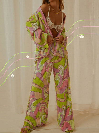 Printed Collared Neck Long Sleeve Top and Pants Lounge Set