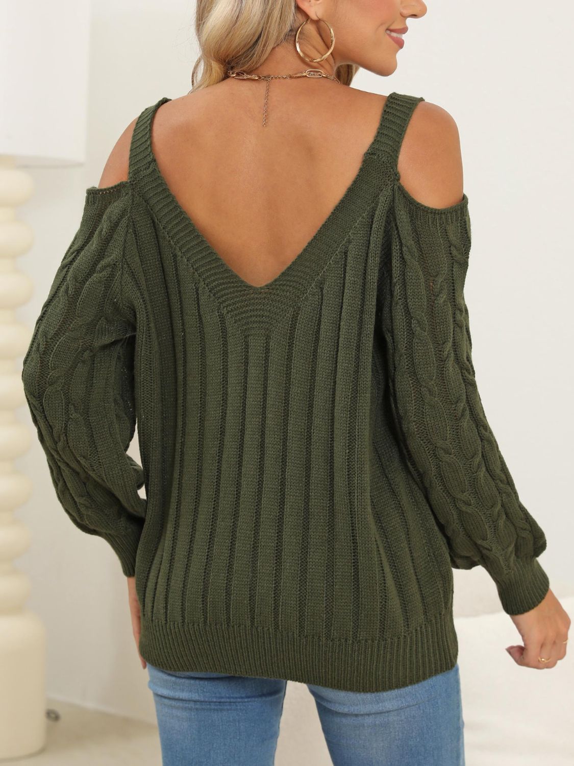 Cable-Knit Heart V-Neck Sweater  Trendsi   