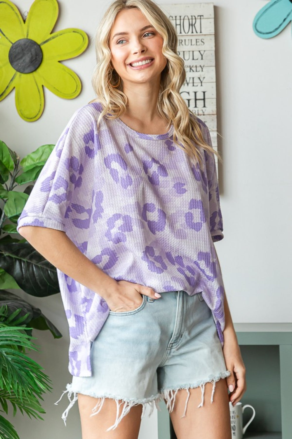 HOPELY Print Waffle Oversized T-Shirt  Trendsi   