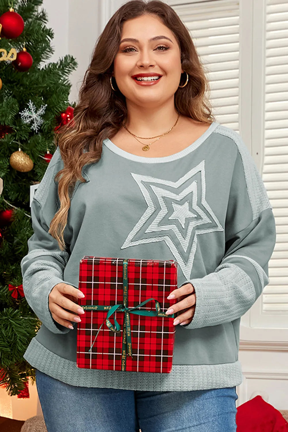 Plus Size Star Round Neck Long Sleeve Top Blouse Trendsi   