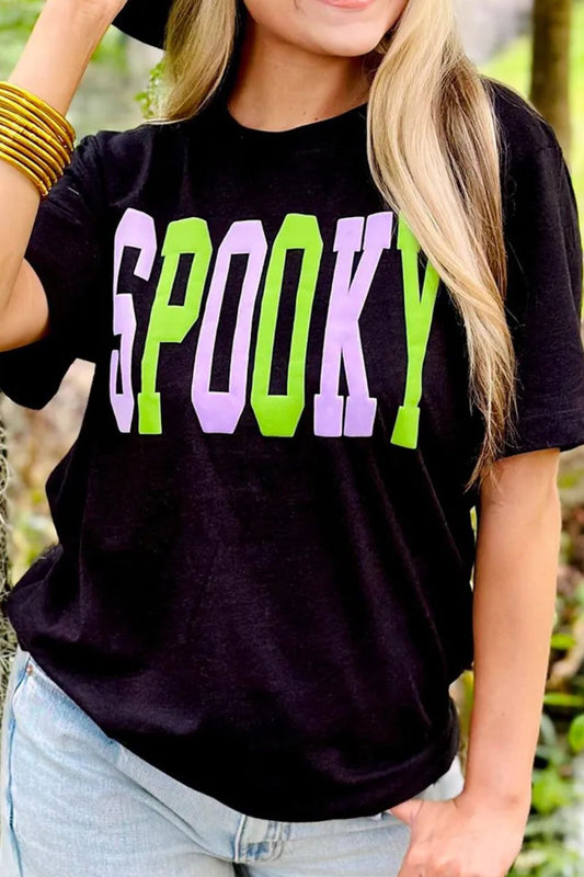 SPOOKY Round Neck Short Sleeve T-Shirt T-Shirt Trendsi Black S 