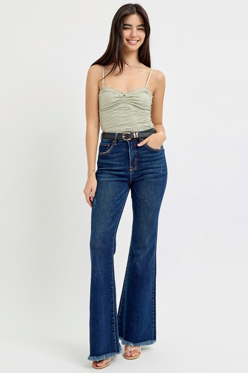 RISEN Tummy Control Frayed Hem Flare Jeans Luxe Trendsi   