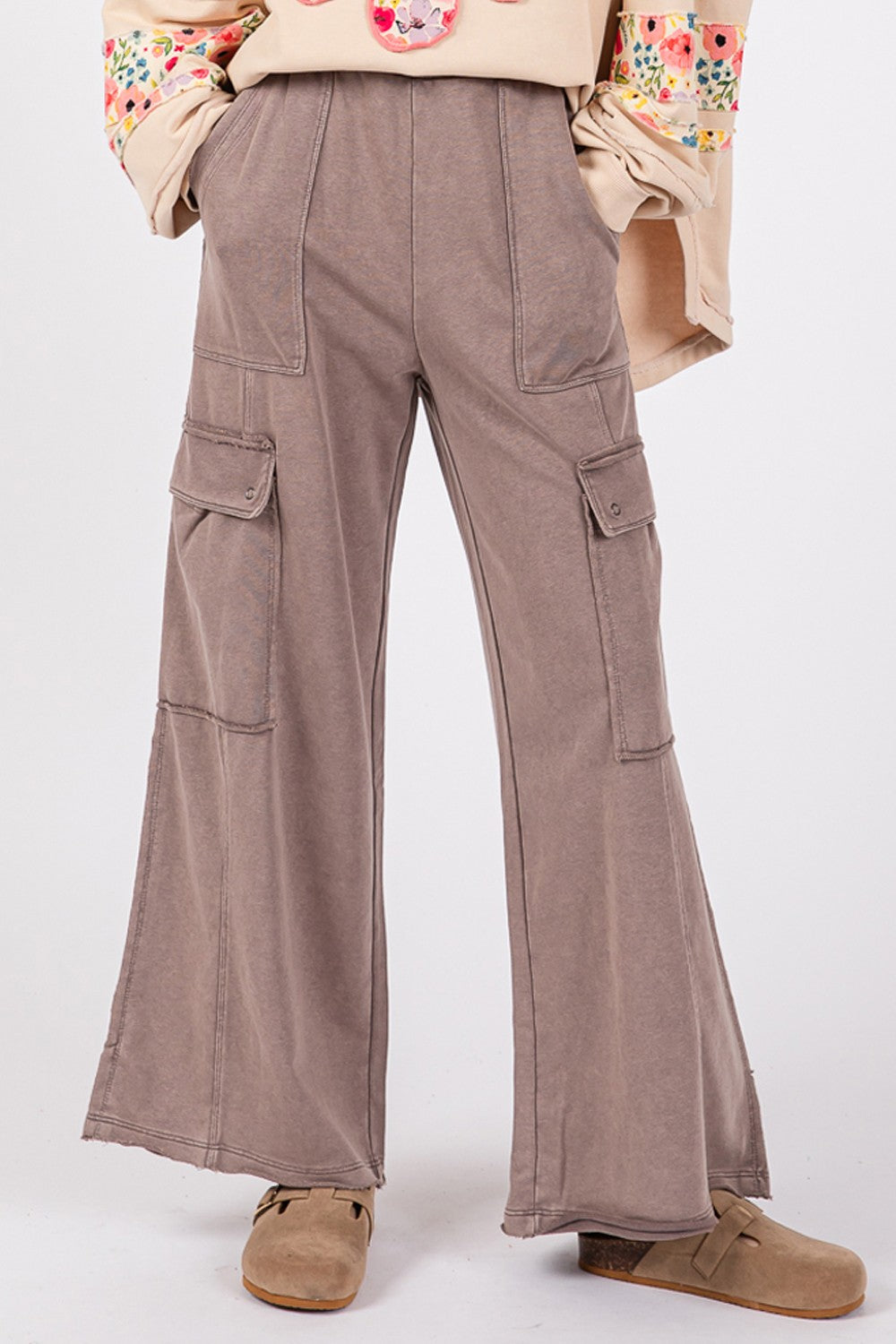 SAGE + FIG Knit Terry Mineral Wash Wide Leg Pants  Trendsi   