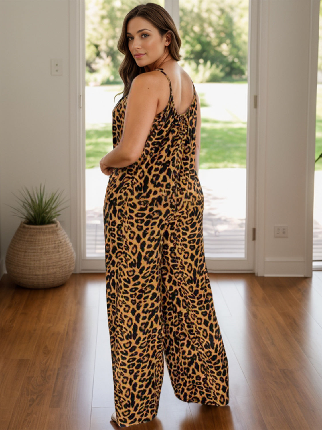 Full Size Leopard Scoop Neck Wide Leg Jumpsuit  Trendsi   