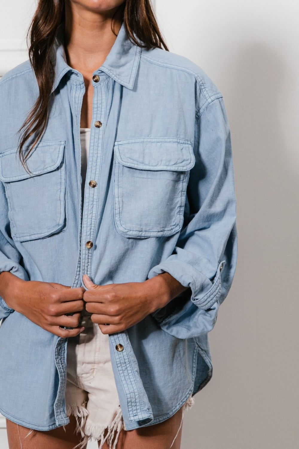 BiBi Button Down Stitch Detail Shirt with Chest Pockets Luxe Trendsi   