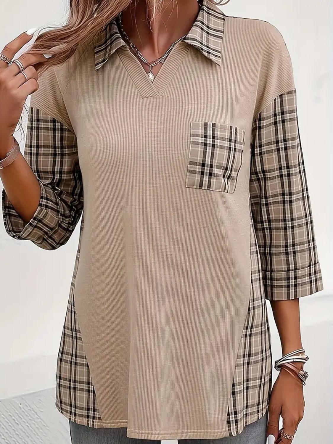 Plaid Johhny Collar Three-Quarter Sleeve T-Shirt T-Shirt Trendsi   