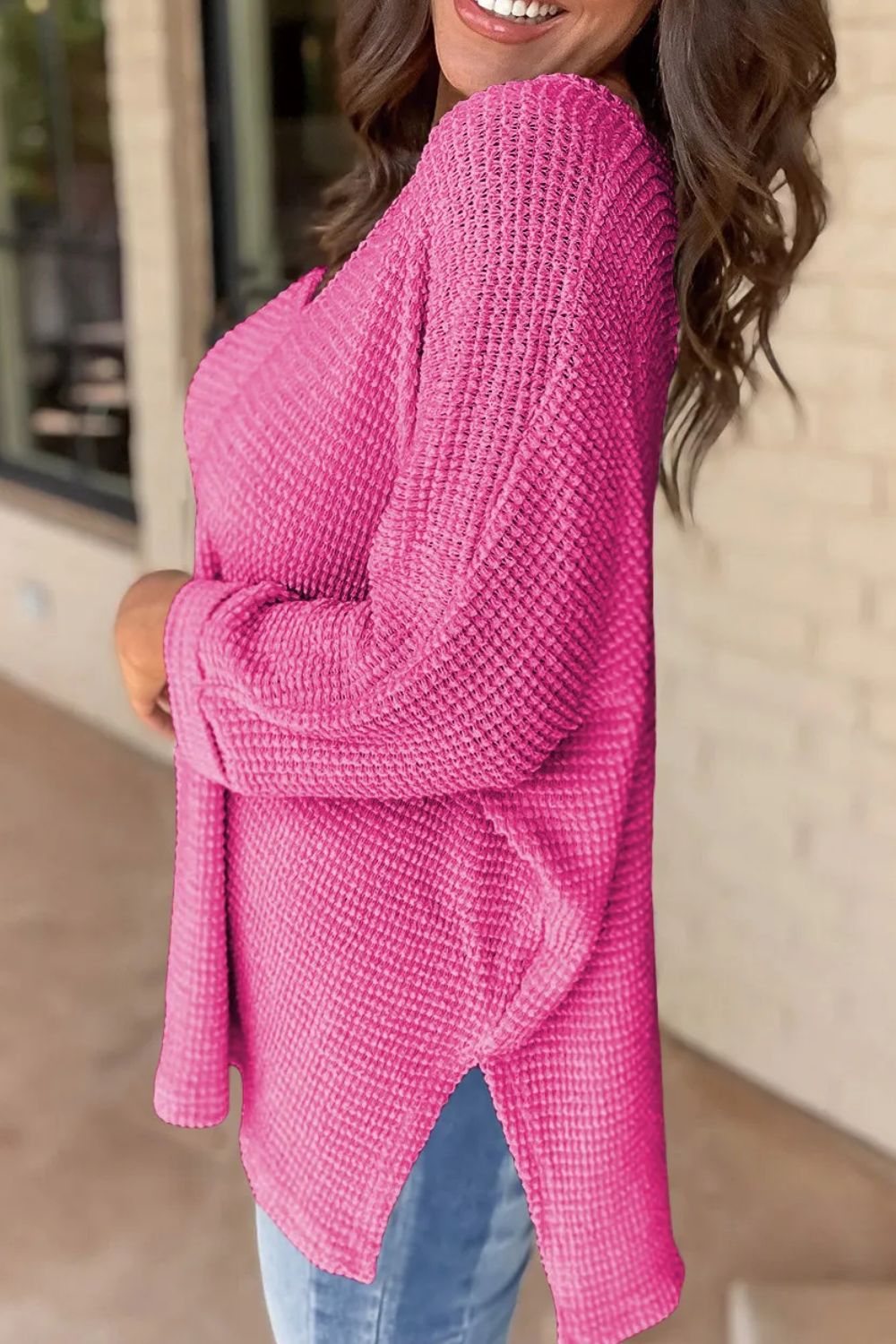 Waffle-Knit Slit V-Neck Long Sleeve Blouse Blouse Trendsi   