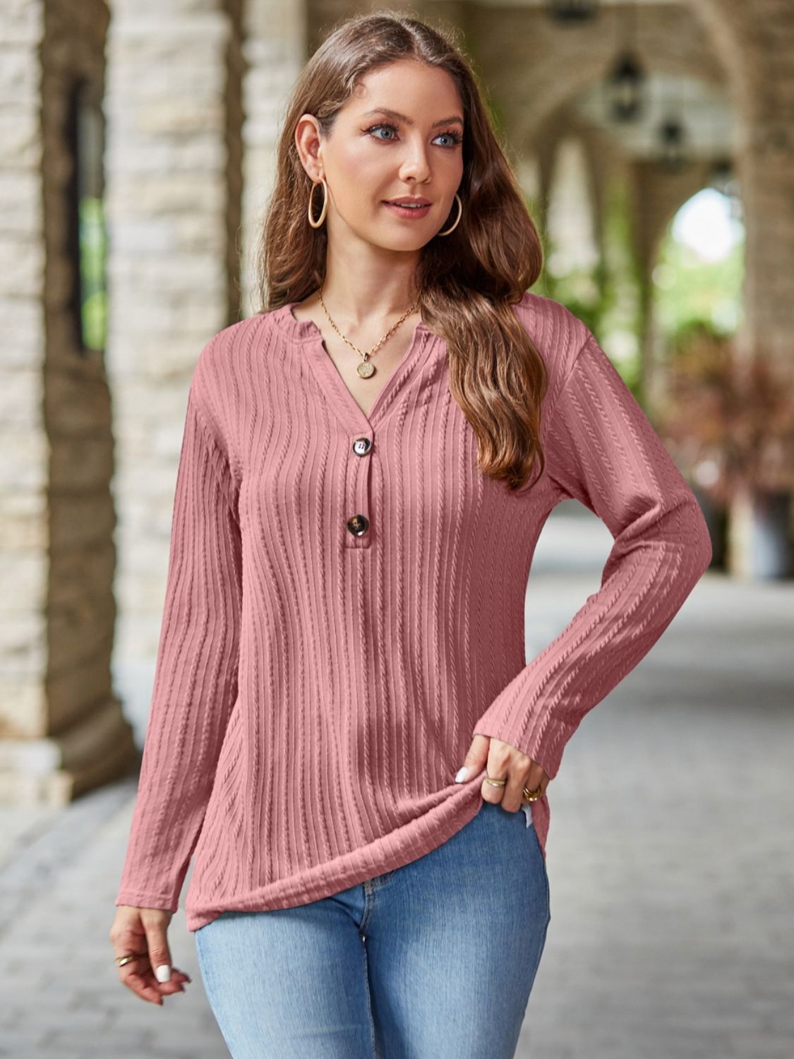 Mandy Notched Long Sleeve T-Shirt  Trendsi   