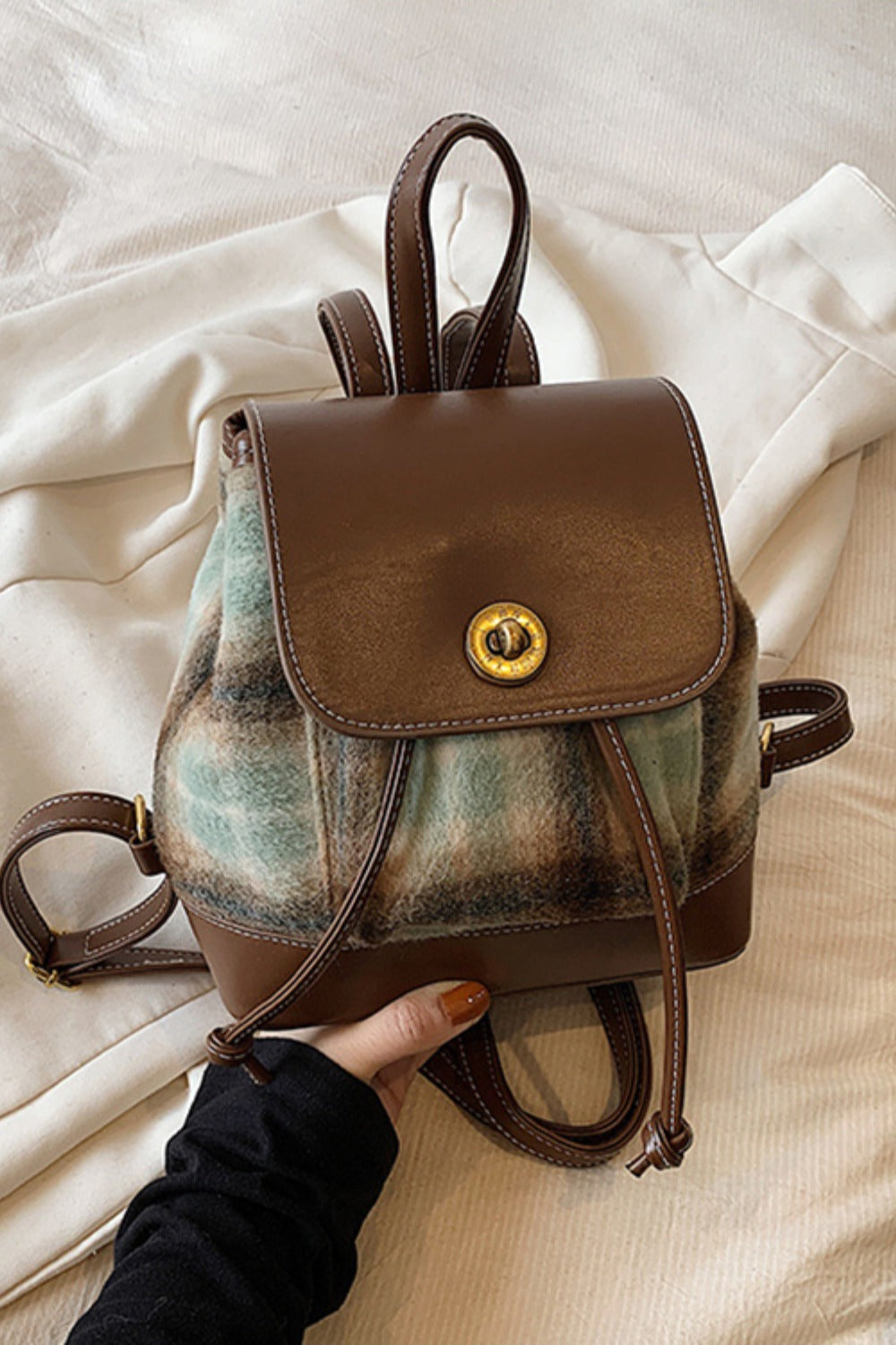 PU Leather Drawstring Plaid Backpack Bag  Trendsi Coffee Brown One Size 