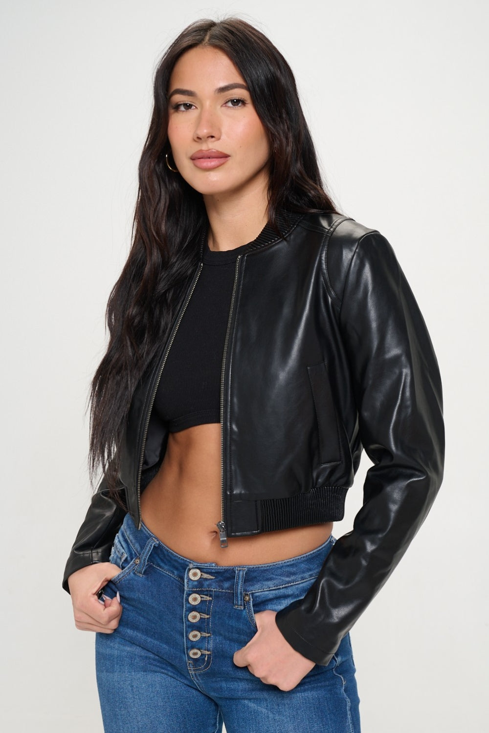 Coalition LA Zip Up Cropped Bomber Jacket  Trendsi Black S 