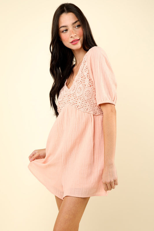 VERY J Lace Detail Puff Sleeve Romper with Pockets  Trendsi Blush S 