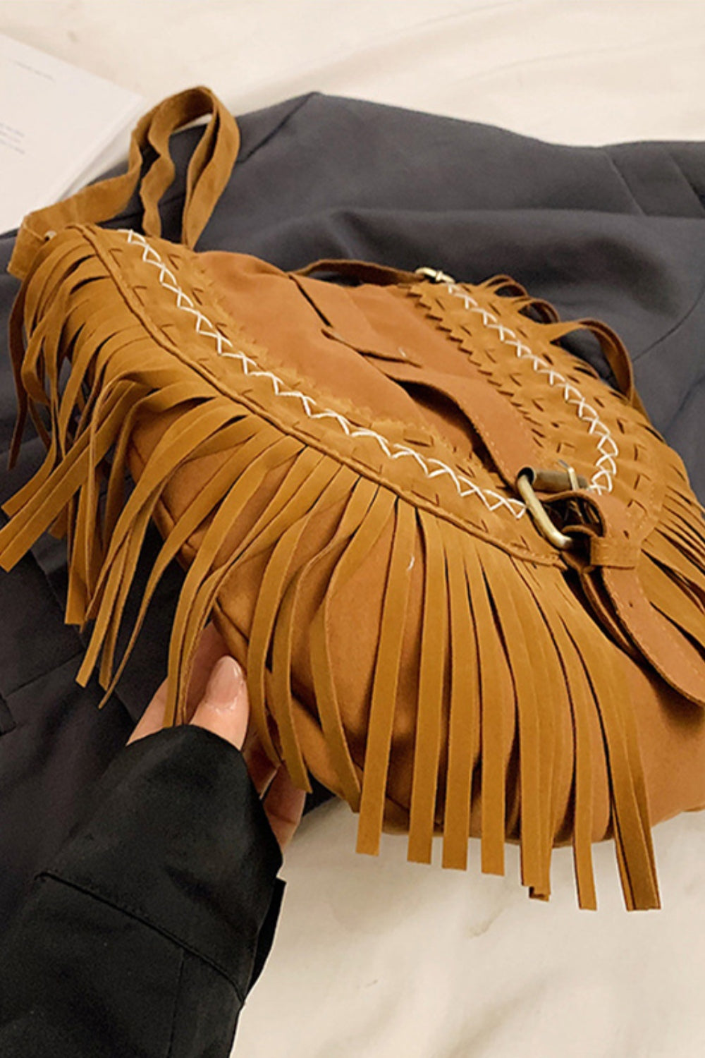 Suede Fringe Wide Strap Shoulder Bag  Trendsi   