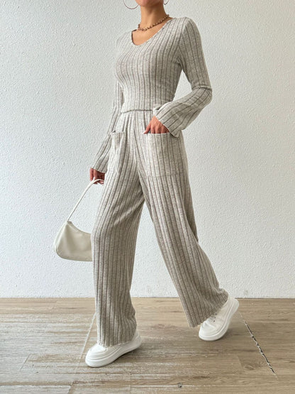 Ribbed V-Neck Long Sleeve Top and Pocketed Pants Set  Trendsi   