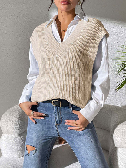 Pearl Trim V-Neck Sweater Vest