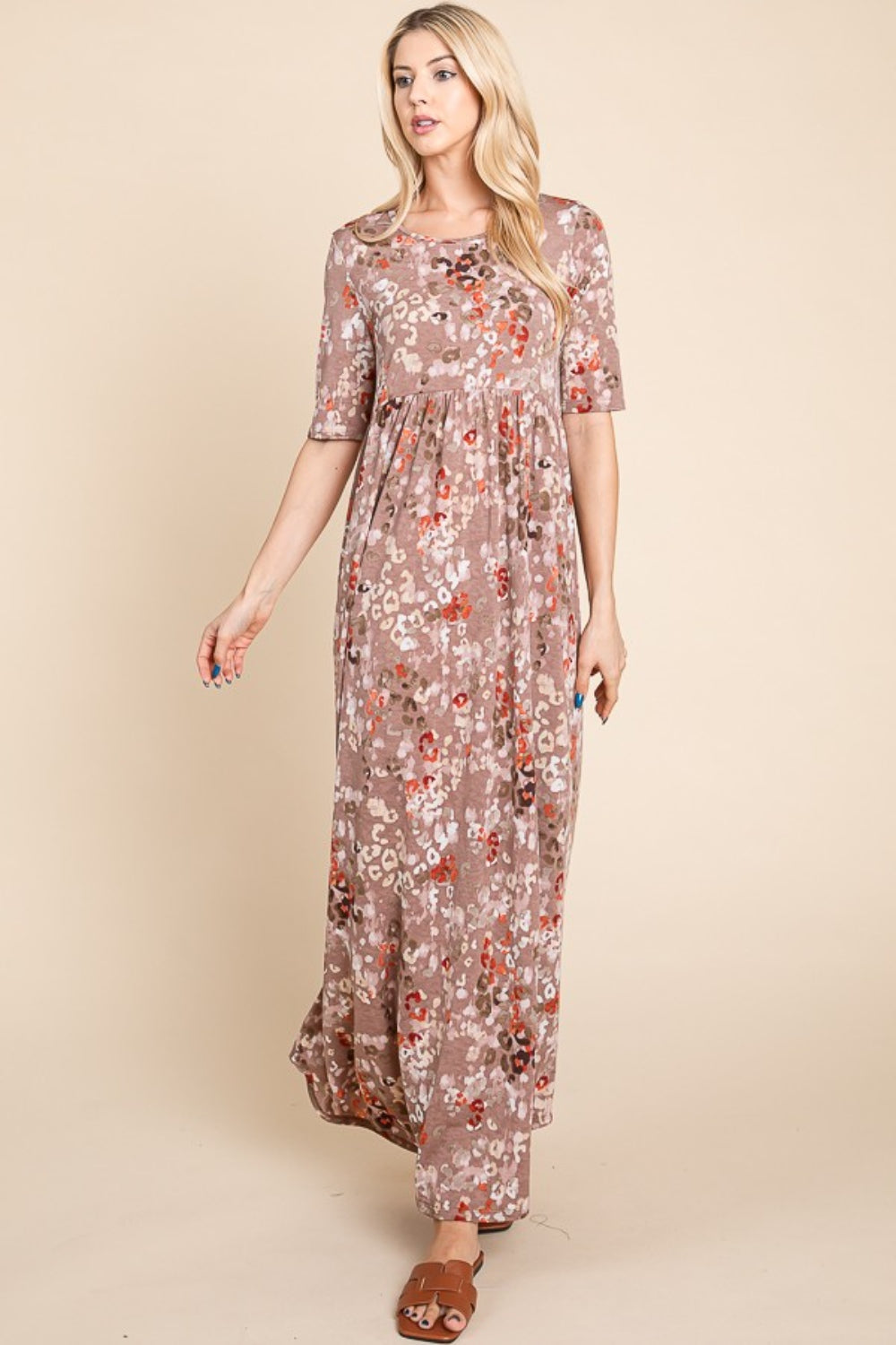 BOMBOM Printed Shirred Maxi Dress  Trendsi Mocha S 