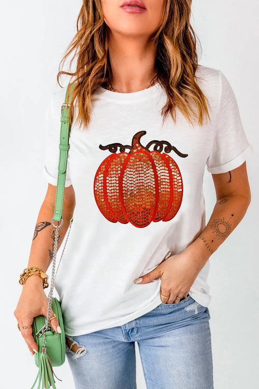 Full Size Sequin Pumpkin Round Neck Short Sleeve T-Shirt T-Shirt Trendsi White S 