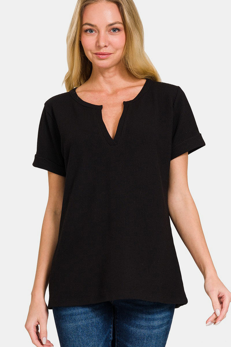 Zenana Notched Short Sleeve Waffle T-Shirt  Trendsi Black S 