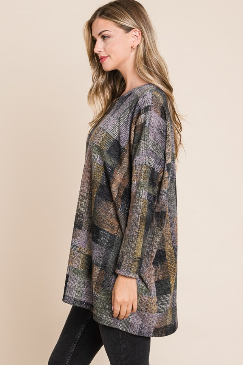 BOMBOM Plaid Round Neck Long Sleeve Top  Trendsi   