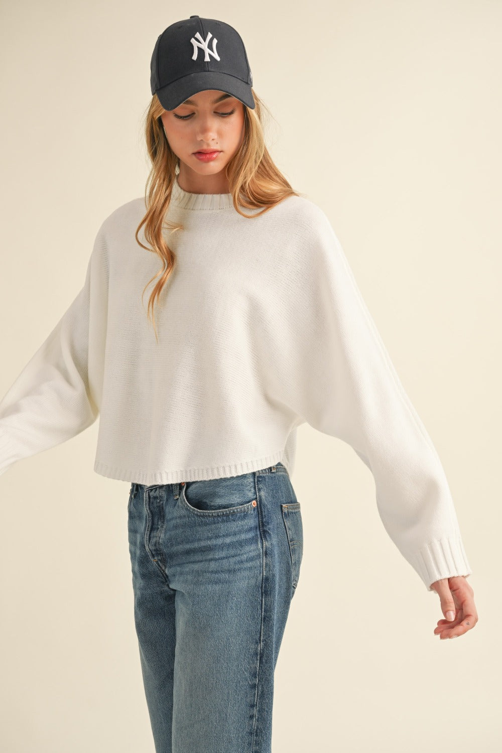 Mable Round Neck Dolman Sleeve Cropped Sweater  Trendsi   