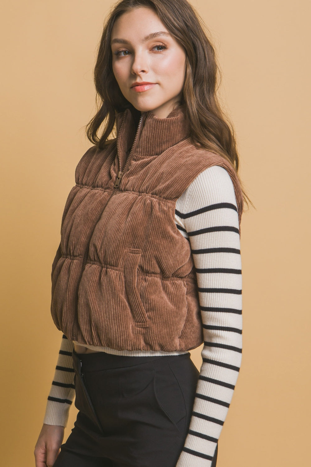 Love Tree Corduroy Zip Up Puffer Vest with Pockets  Trendsi   