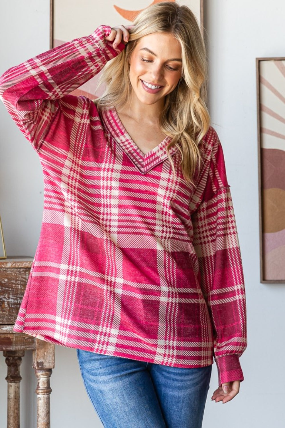 Heimish Plaid Drop Shoulder V-Neck T-Shirt  Trendsi   