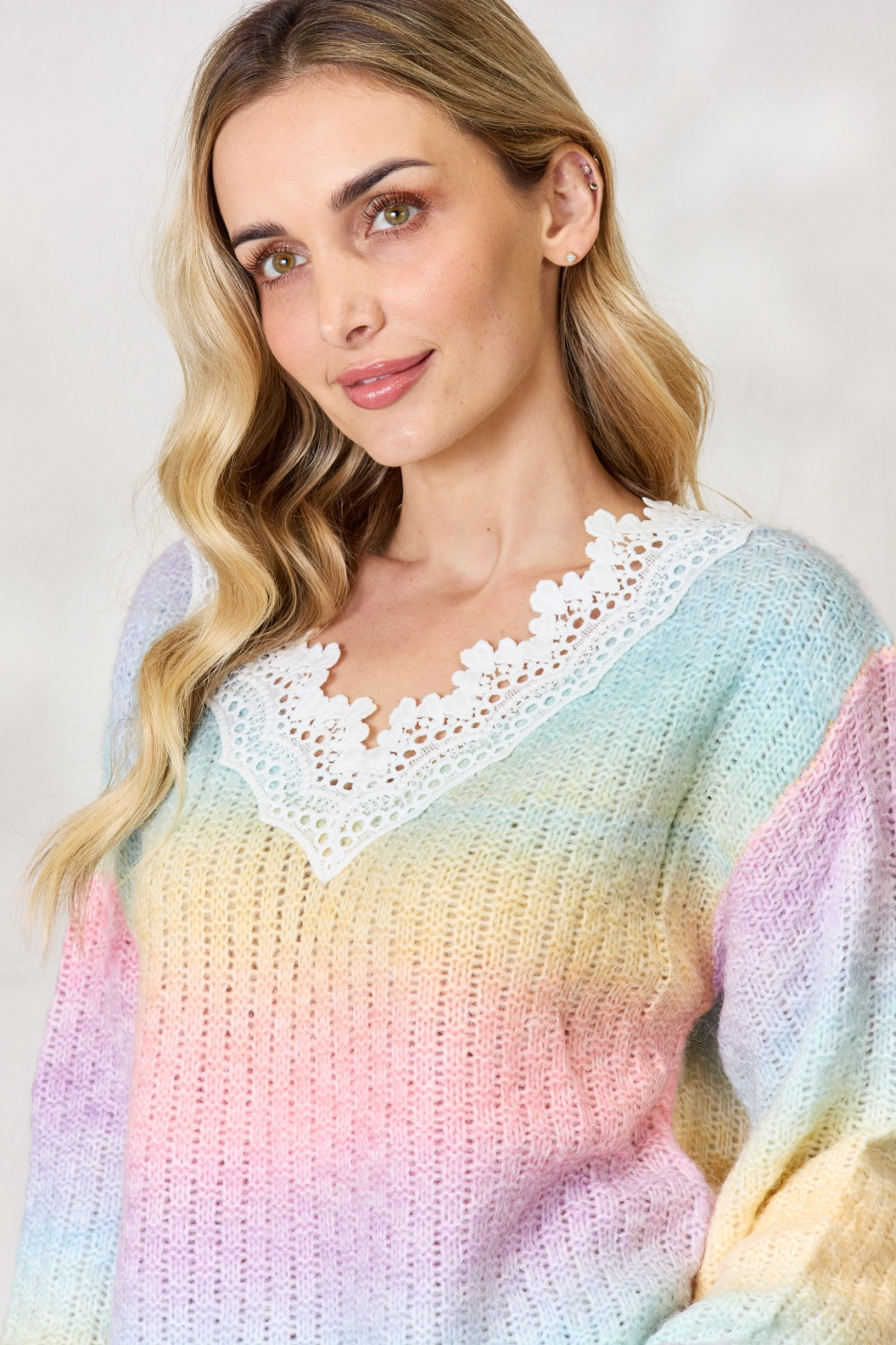 BiBi Rainbow Gradient Crochet Deetail Sweater  Trendsi   