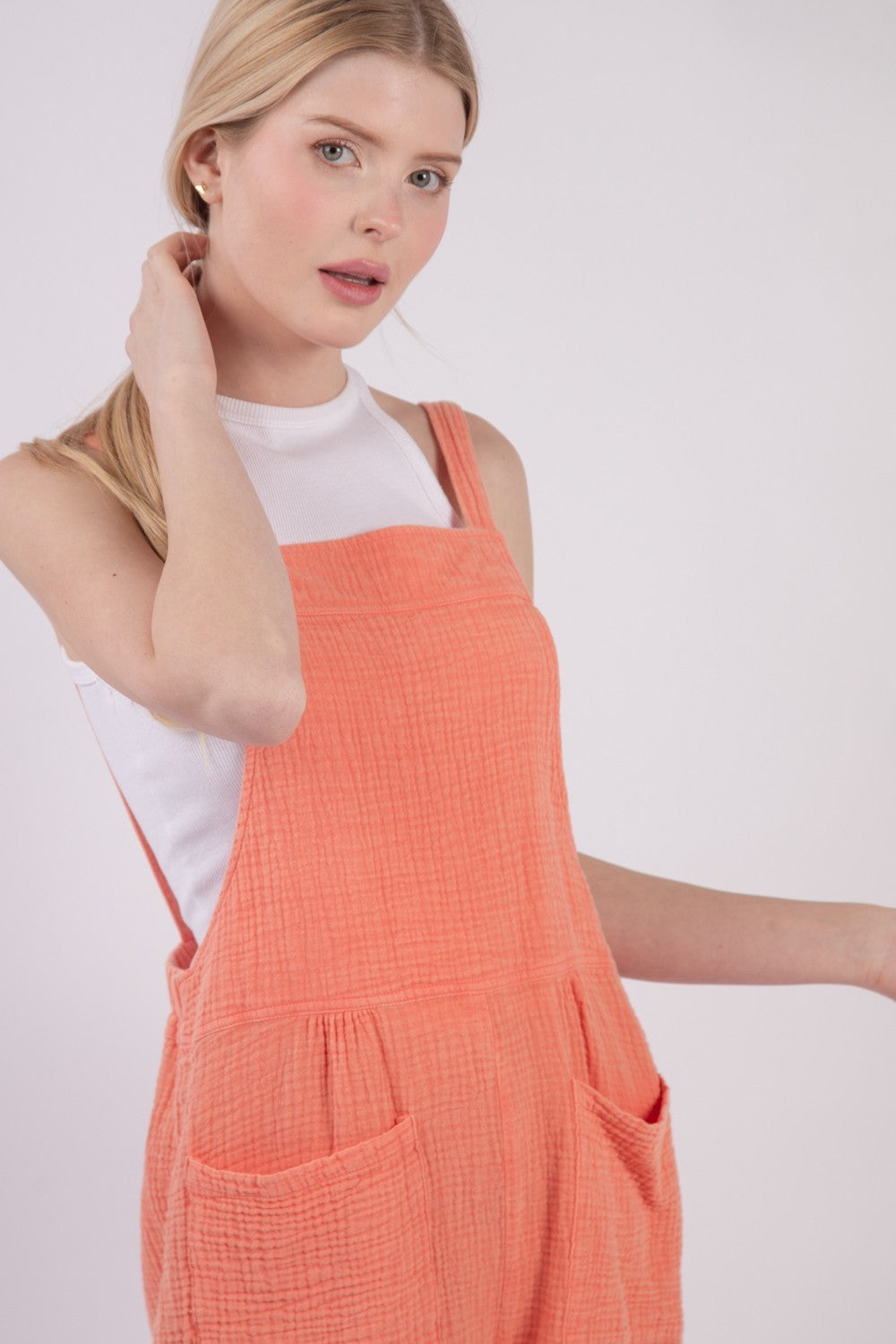 VERY J Sleeveless Double Gauze Overalls with Pockets  Trendsi   