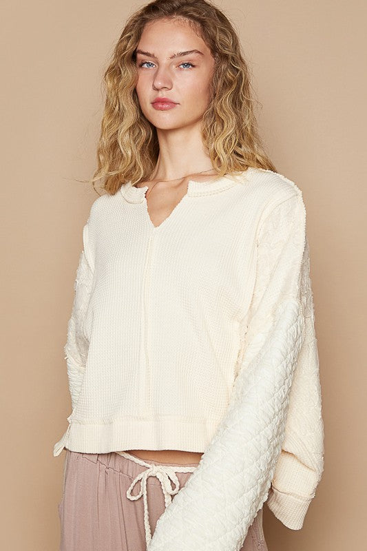 POL Waffle-Knit Notched Long Sleeve Knit Top