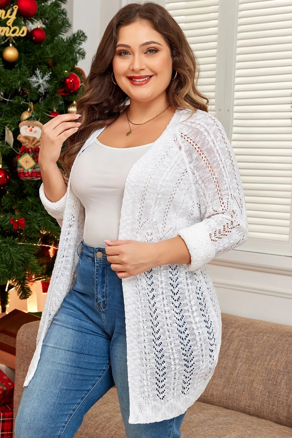 Plus Size Openwork Open Front Long Sleeve Cardigan  Trendsi   