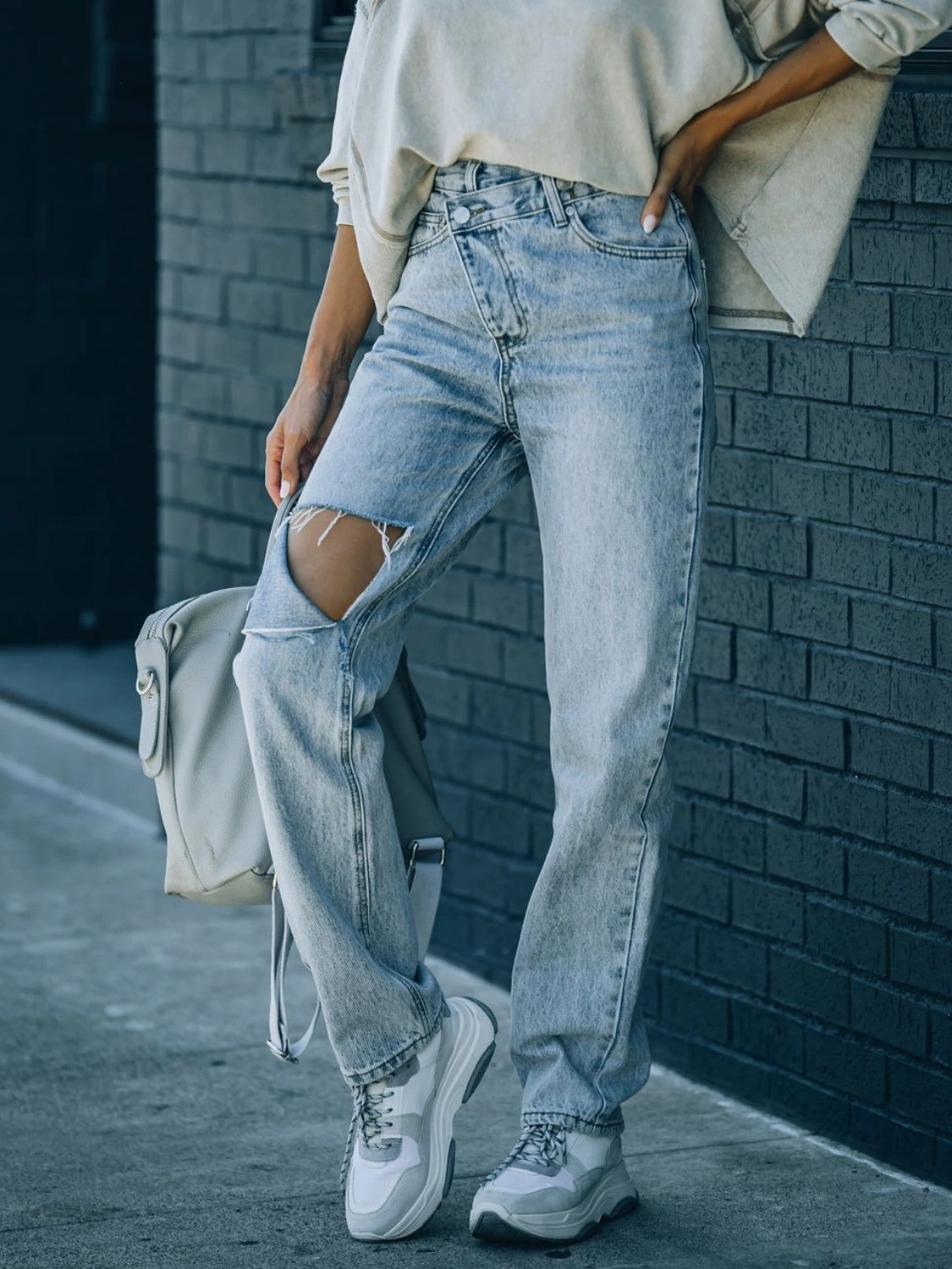 Distressed Asymmetric Waist Jeans  Trendsi   